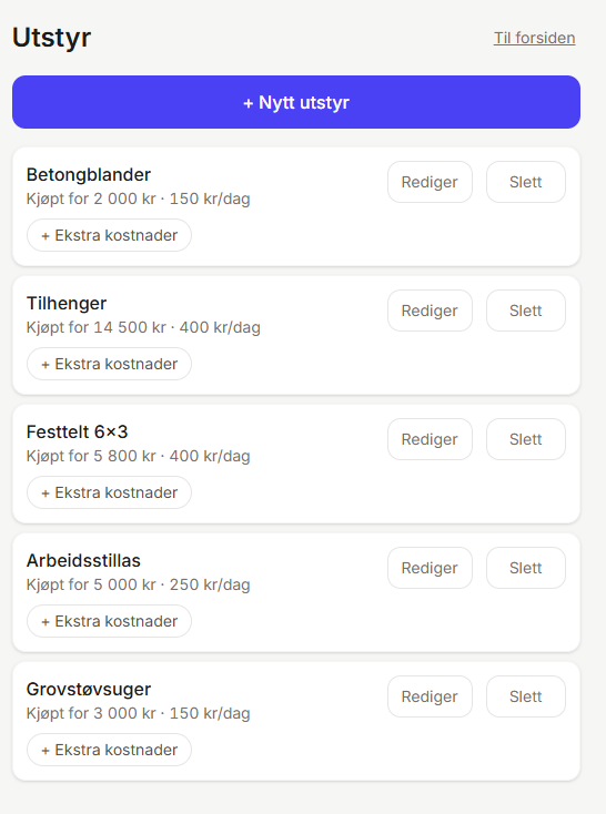 Utstyr-siden: liste over utstyr med kjøpspris og en knapp for ekstra kostnader per gjenstand